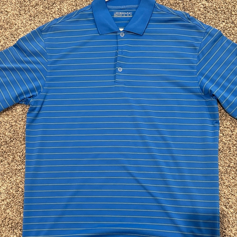 Nike Men's Blue and Green Striped Dryfit Golf Shirt - Size M
